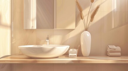 Fototapeta na wymiar Beige hotel modern bathroom interior with sink and mirror, vase on countertop realistic