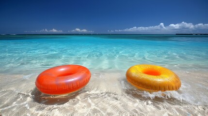 Two vibrant colored inflatable swim rings gently floating on the crystal-clear turquoise waters of a picturesque tropical beach