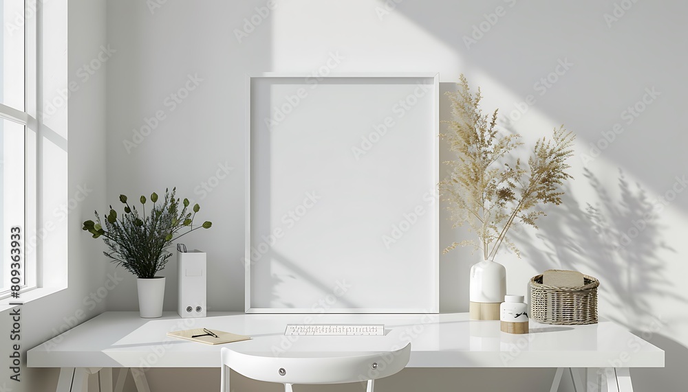 Poster white frame mockup in a simple, elegant office setting. Ensure cleanliness and neatness in the composition