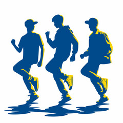 Silhouettes of three teens dancing street dance. Illustration in blue and yellow flat colors.