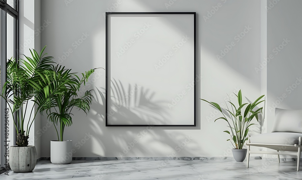 Poster mockup frame in a bright, minimalist office backdrop. Emphasize clean lines and simplicity for a modern look