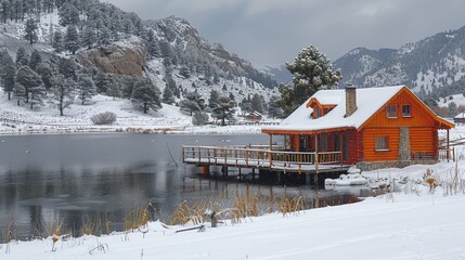 A serene snow-covered landscape featuring a warm wooden cabin beside a frozen lake with snow-draped mountains in the background