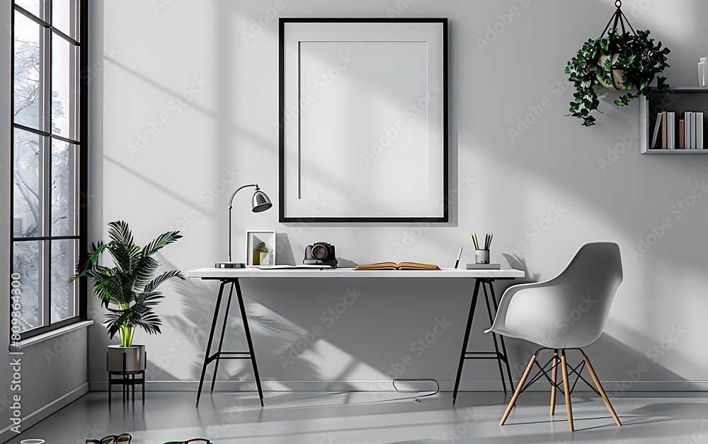 Poster white frame mockup against a cozy, clutter-free office interior. opt for a simple and neat design wi