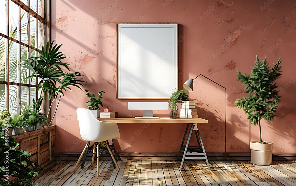 Poster white frame mockup against a cozy, clutter-free office interior. opt for a simple and neat design wi
