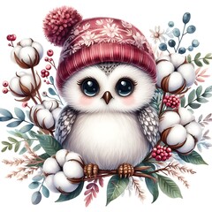 winter cute owl with cotton flowers bouquet watercolor vector illustration