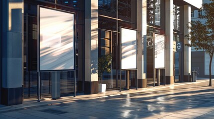 Blank billboards on a modern building exterior, street view with sunlight reflections, concept of...