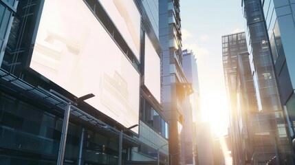 Blank billboards on a modern building exterior, street view with sunlight reflections, concept of advertising space. Generative AI realistic
