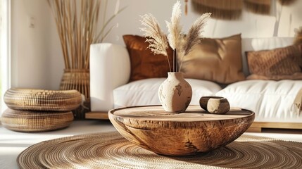 Boho interior design of modern living room, home. Wooden round coffee table with clay vase on it near white sofa with brown pillows. realistic