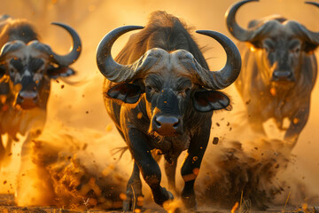 Naklejka premium African buffaloes in powerful motion, muscles rippling as they flee through the savanna at sunset under a blazing dust ground background 