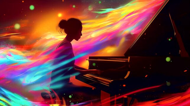 A pianist silhouette with colorful aura, spiritual music. Anime or digital painting style, looping 4k video animation background