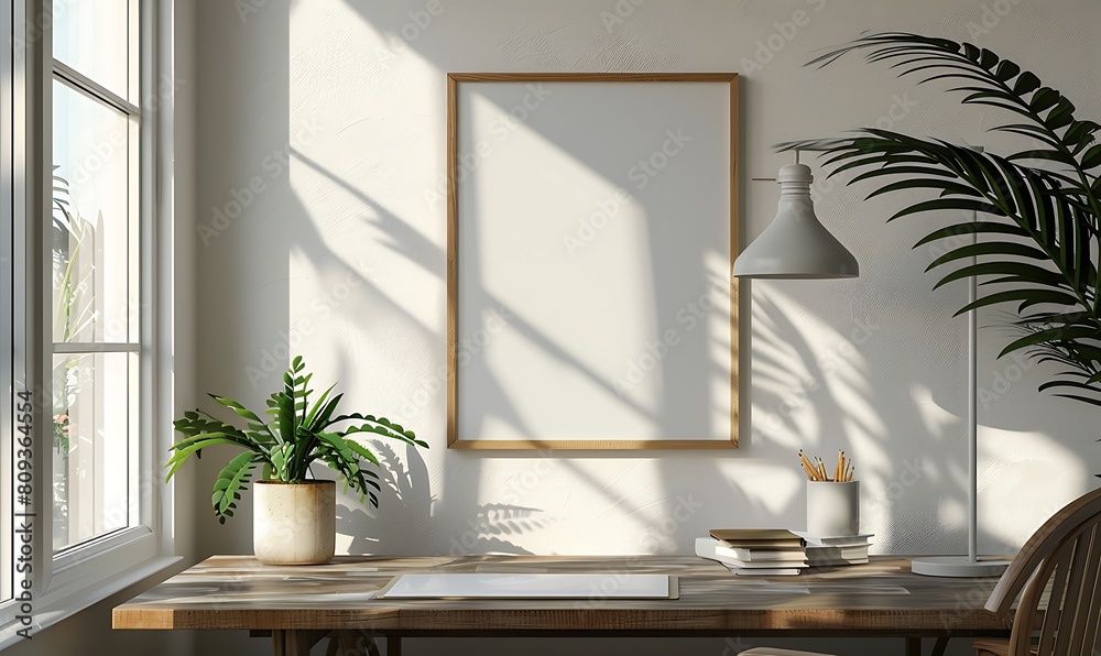 Poster mockup frame in a minimalist, clutter-free office setting. Emphasize neatness and simplicity in the design