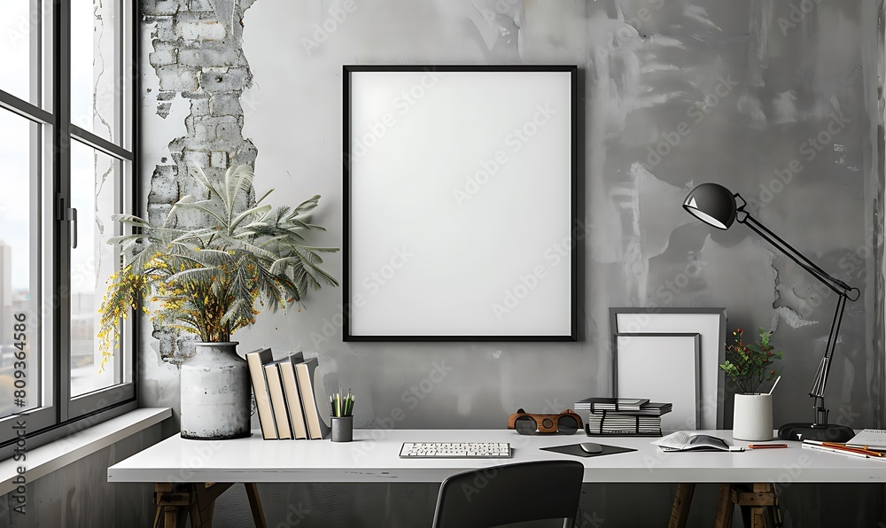 Poster mockup frame in a minimalist, clutter-free office setting. Emphasize neatness and simplicity in the design