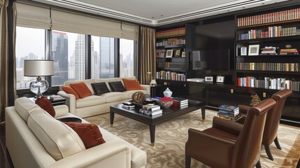 A luxurious living room with modern furniture, expansive windows, and a densely packed bookshelf in a high-rise urban apartment