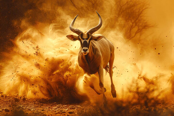 Dynamic scene of antelopes running for survival at sunset in the African savanna, muscles rippling,...