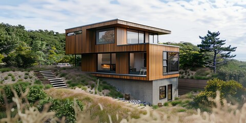 Obraz premium Photo of a modern two-story house with large windows and a deck surrounded by trees and grass. AIG51A.