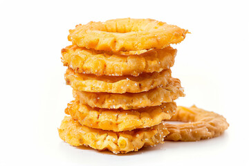 a stack of fried food on a white surface