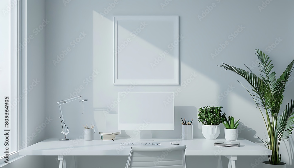 Aufkleber white frame mockup in a serene, well-lit office space. ensure neatness and clean lines for a minimal