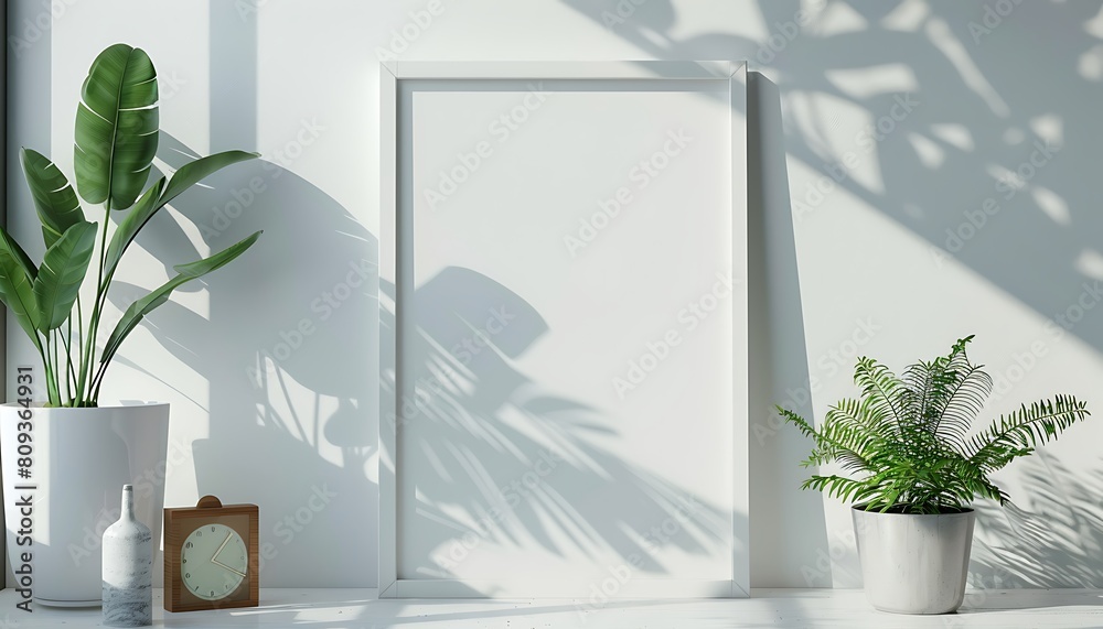 Aufkleber white frame mockup in a serene, well-lit office space. ensure neatness and clean lines for a minimal