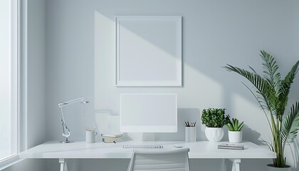 Fototapeta premium white frame mockup in a serene, well-lit office space. Ensure neatness and clean lines for a minimalist look