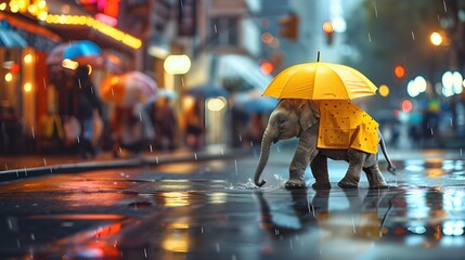 Creative animal concept. Cute lonely wet baby elephant walking in rain, funny adorable wildanimal in raincoat unbrella, night cityscape background, commercial editorial advertisement surreal wallpaper