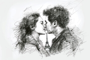 Fototapeta premium Pencil Sketch of couple in love kissing by the eiffel tower