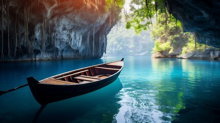 Fisherman boat on the emerald clear water of the lake. - Powered by Adobe