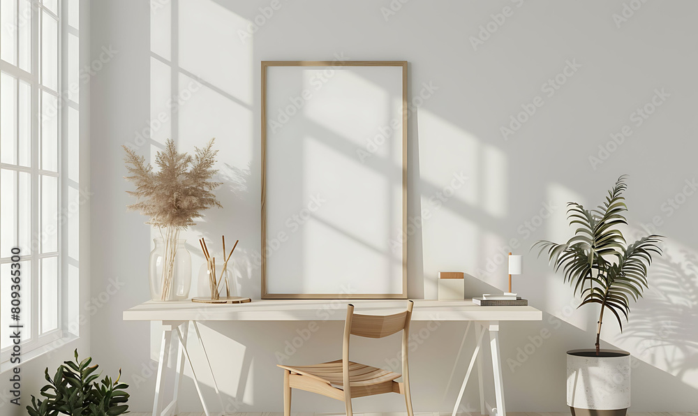 Poster white frame mockup in a simple, elegant office setting. ensure cleanliness and neatness for a polish