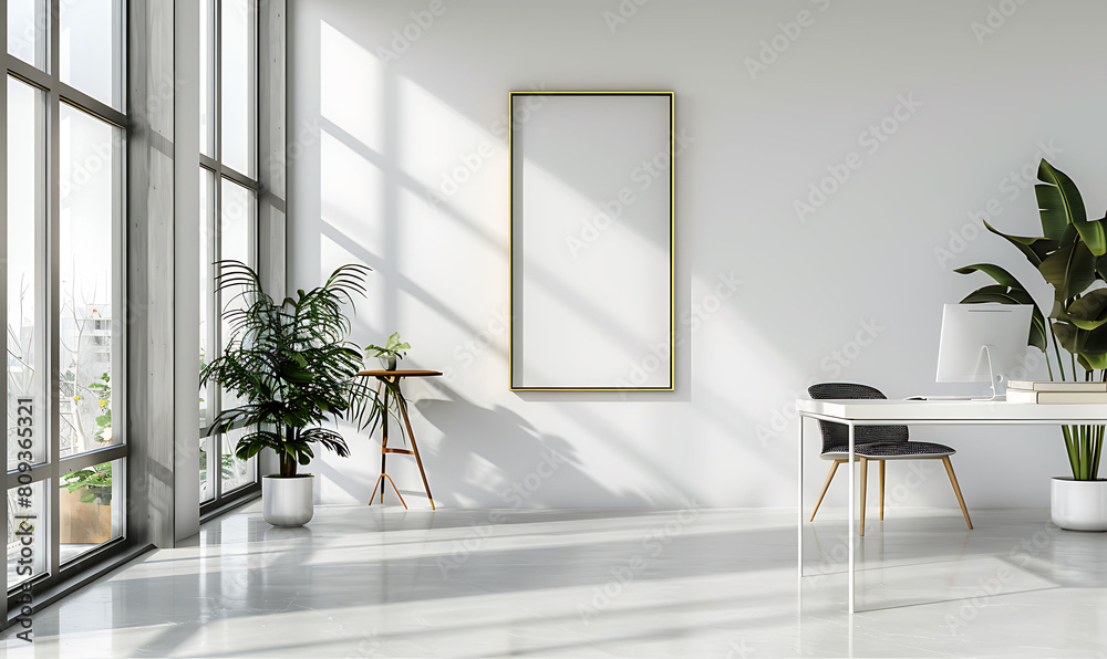 Aufkleber mockup frame in a bright, minimalist office environment. Emphasize clean lines and simplicity for a modern aesthetic