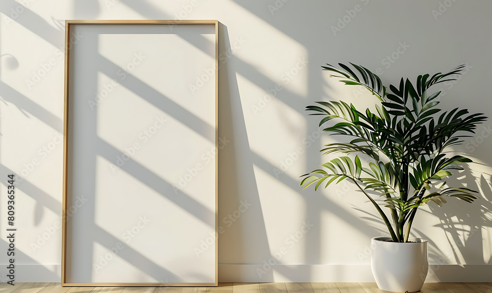 Aufkleber mockup frame in a bright, minimalist office environment. Emphasize clean lines and simplicity for a modern aesthetic