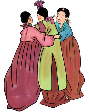 The Bride and her Helpers. traditional Korean illustration