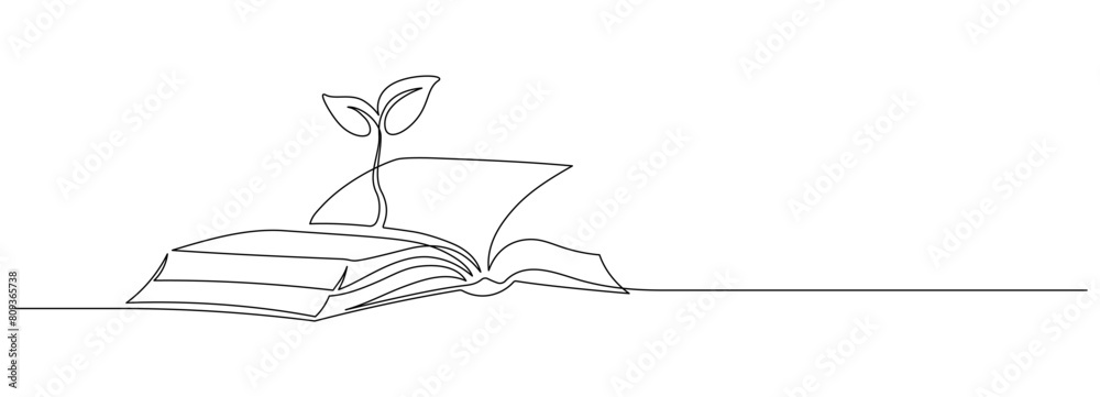 Fototapete opened book with sprout plant in one continuous line drawing . education study and knowledge concept