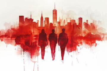 Fototapeta premium Red watercolor paint of business people walking to office by skyscraper