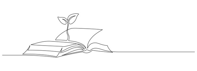 Opened book with sprout plant in one continuous line drawing . Education study and knowledge concept in simple linear style. Growing wisdom in editable stroke. Doodle contour vector illustration
