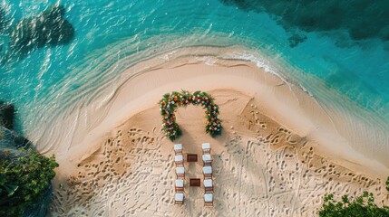 An aerial view of a beach wedding ceremony with chairs and flowers overlooking the water, surrounded by nature and plantfilled landscape AIG50