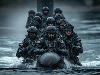 A group of men in black uniforms are in a boat, with one of them holding a gun