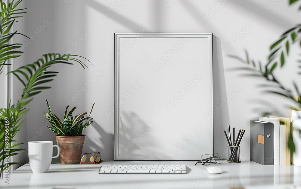 Poster white frame mockup against a cozy, clutter-free office backdrop. Opt for a simple and neat design with clean table details