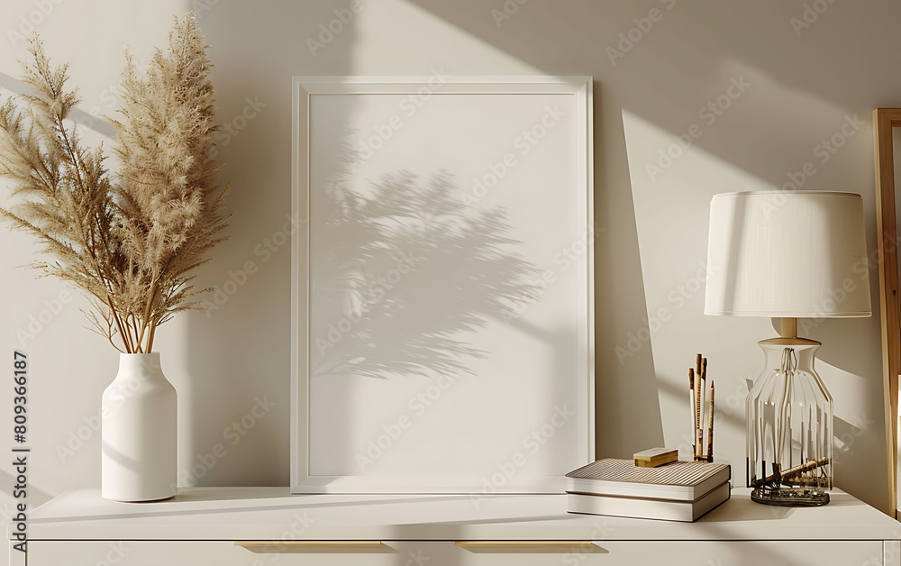 Poster white frame mockup against a cozy, clutter-free office backdrop. Opt for a simple and neat design with clean table details