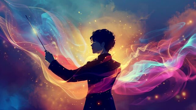 An orchestra conductor leads the orchestra with colorful aura. Anime or digital painting style, looping 4k video animation background