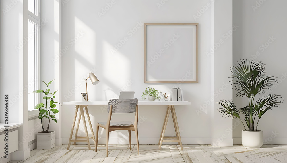 Poster white frame mockup against a cozy, minimalist office backdrop. Keep the composition clean and simple with a tidy table