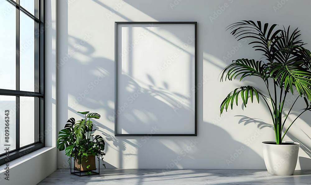 Aufkleber white frame mockup against a cozy, minimalist office backdrop. Keep the composition clean and simple with a tidy table