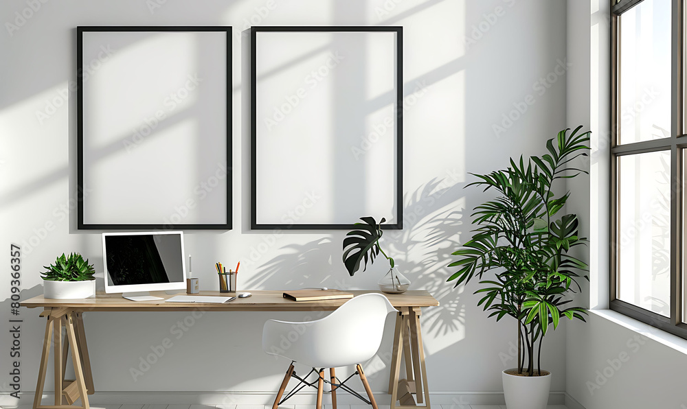 Poster mockup frame in a minimalist, clutter-free office setting. Emphasize neatness and simplicity in the design