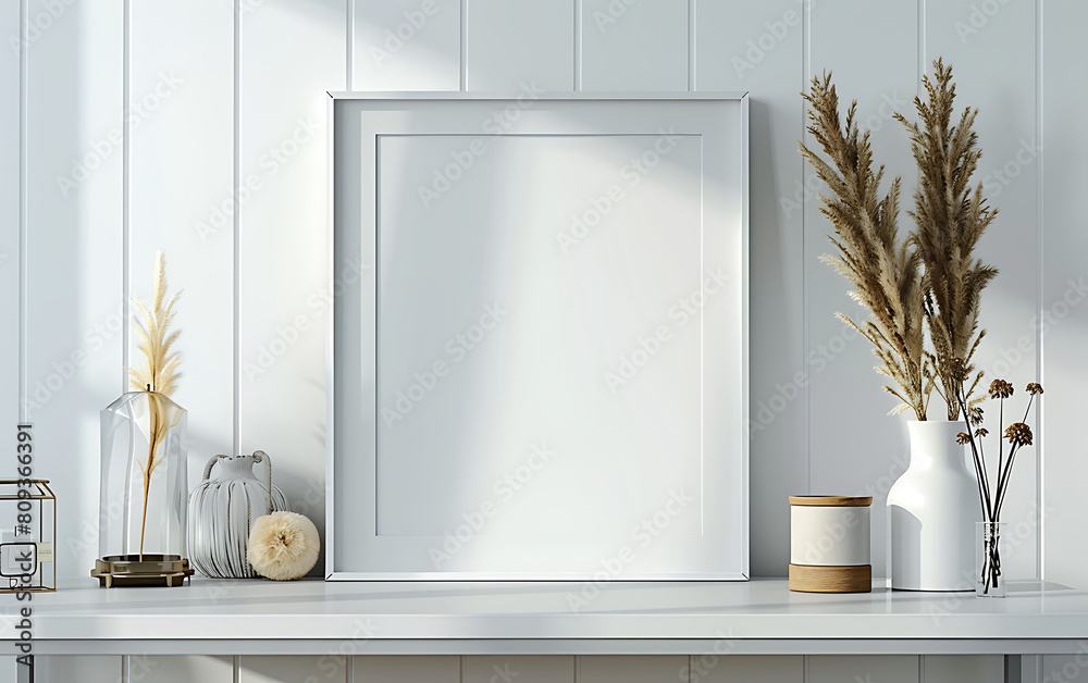 Aufkleber white frame mockup in a serene, well-lit office space. ensure neatness and clean lines for a minimal
