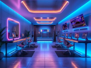 A neon colored room with a lot of computer monitors and chairs. The room is designed for gaming and has a futuristic vibe