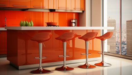 Three orange bar stools in a modern kitchen with a large window overlooking the city