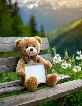 Un oso de peluche descansa en un banco de madera con majestuosas montañas en el fondo. El cielo está lleno de nubes esponjosas y el césped está salpicado de coloridas flores silvestres.