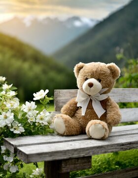 Un oso de peluche descansa en un banco de madera con majestuosas montañas en el fondo. El cielo está lleno de nubes esponjosas y el césped está salpicado de coloridas flores silvestres.