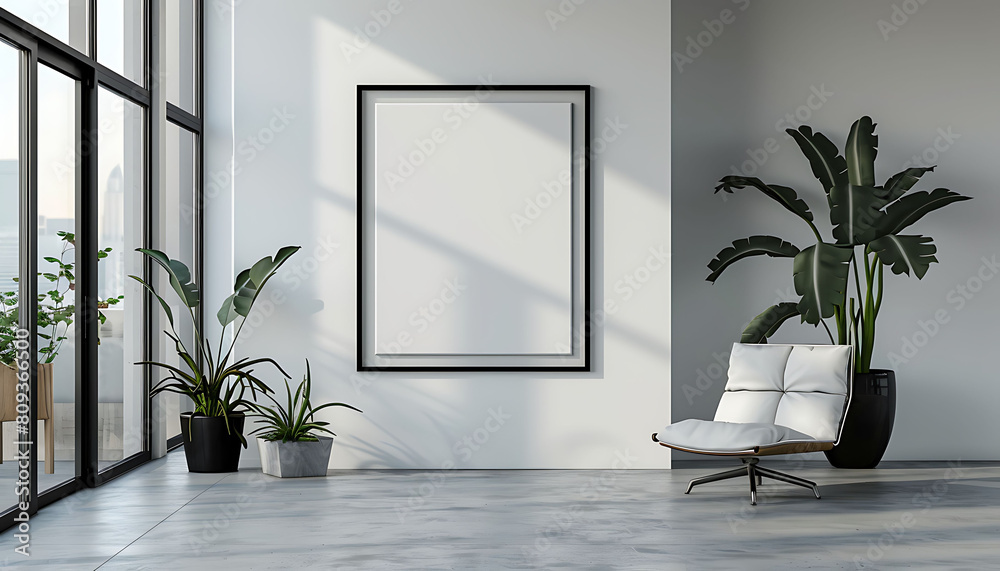 Poster mockup frame in a light, airy office interior. focus on simplicity and clean lines for an elegant lo