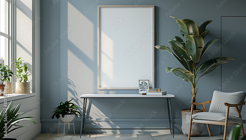 Poster white frame mockup against a cozy, clutter-free office background. opt for simplicity and neatness i