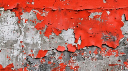 Abstract background of shabby concrete wall surface with bright red paint and weathered parts