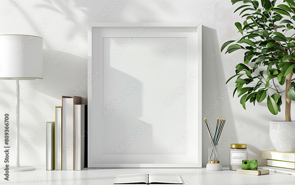 Poster mockup frame in a clean, modern office setting. Emphasize simplicity and minimalism for a sleek design